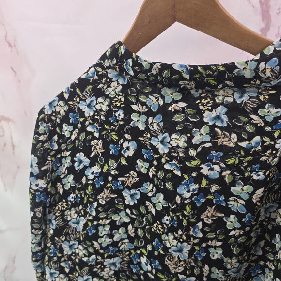 J Jill Shirt Womens Small Black Blue Floral Ditzy Long Sleeve Layered Ruffle - Picture 6 of 10